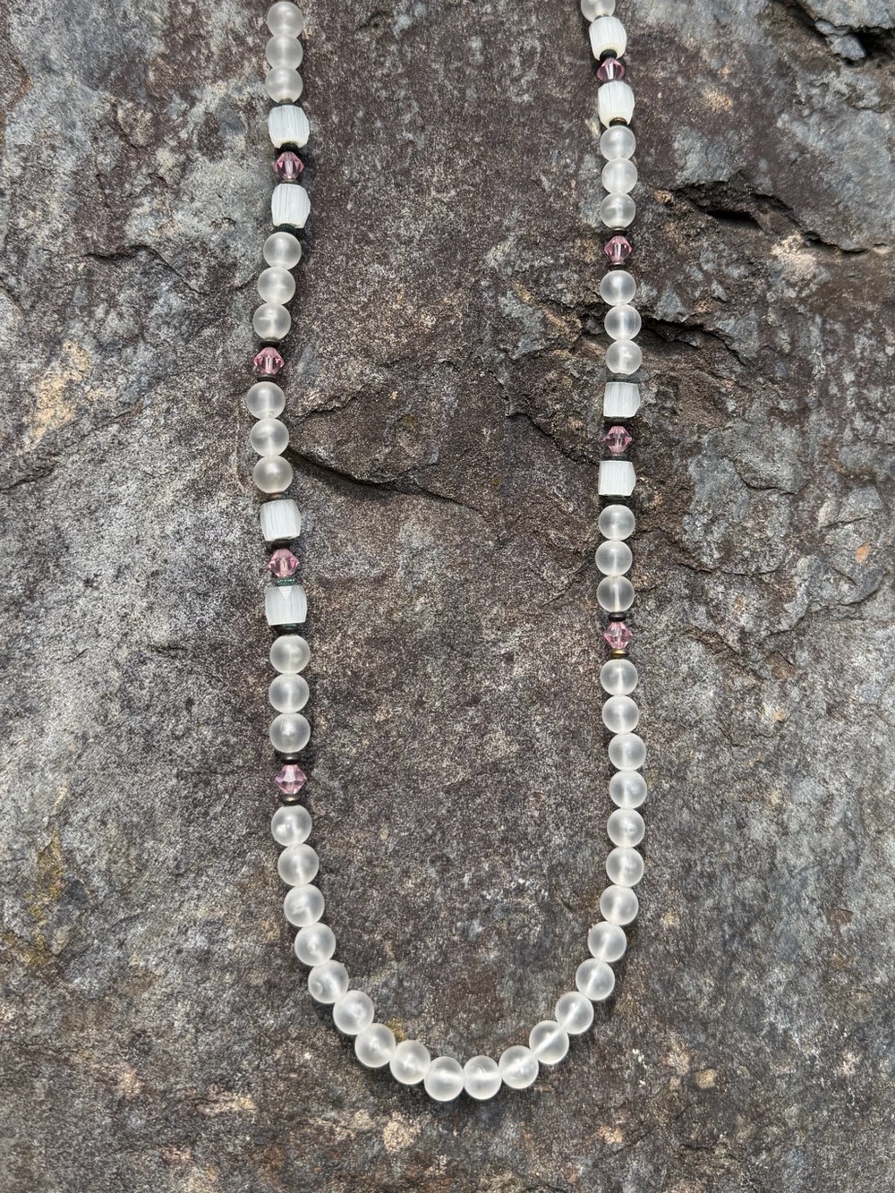 Vintage Frosted Lucite Atlas Glass White Pink Beaded Necklace
